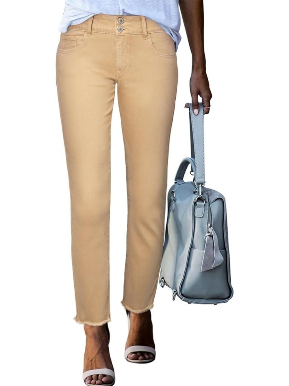 Women Khaki High Waisted Raw Hem Ankle Double Button Denim Straight Leg Jeans